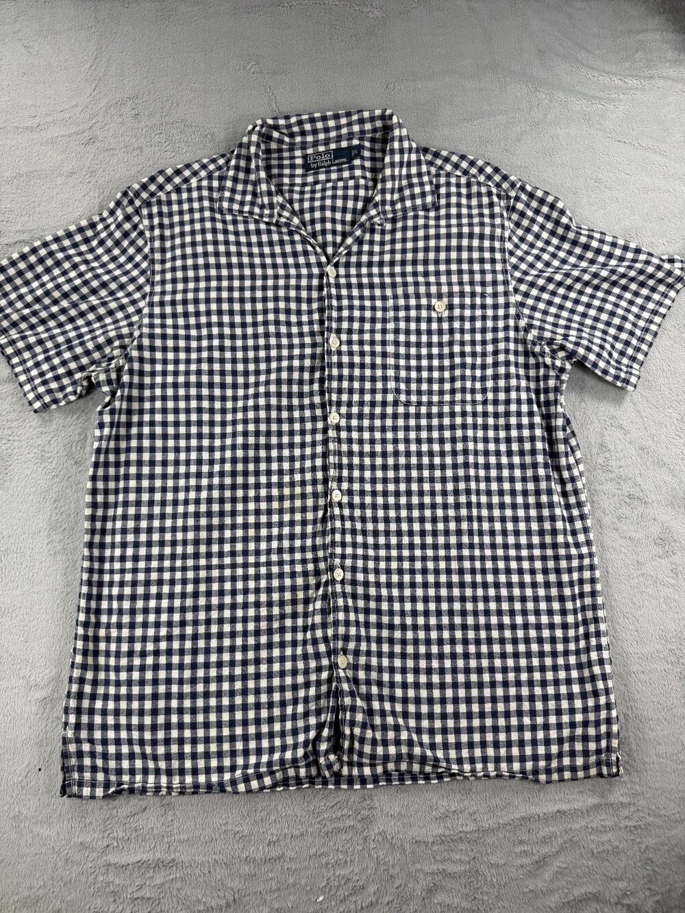 Polo Ralph Lauren Men's XL Navy White Gingham Check Camp Collar Linen Blend